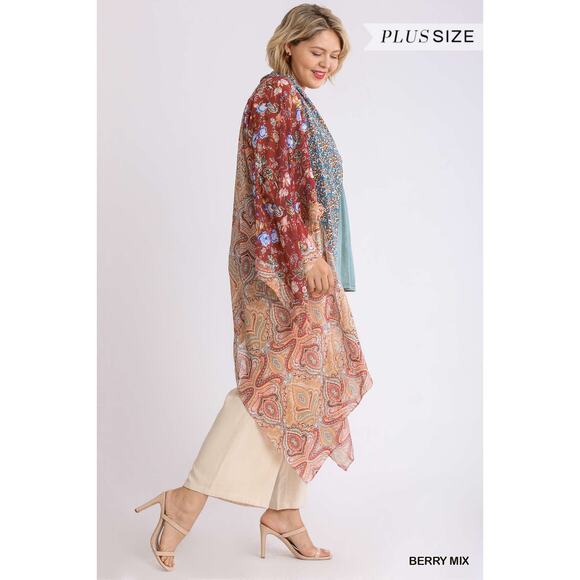 Umgee Sheer Long Paisley Floral Boho Kimono in Berry Mix Plus Size XL/1XL - Picture 3 of 16